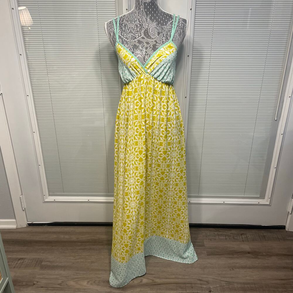 Love Stitch Yellow & Teal Boho Maxi Dress Strappy Lightweight S